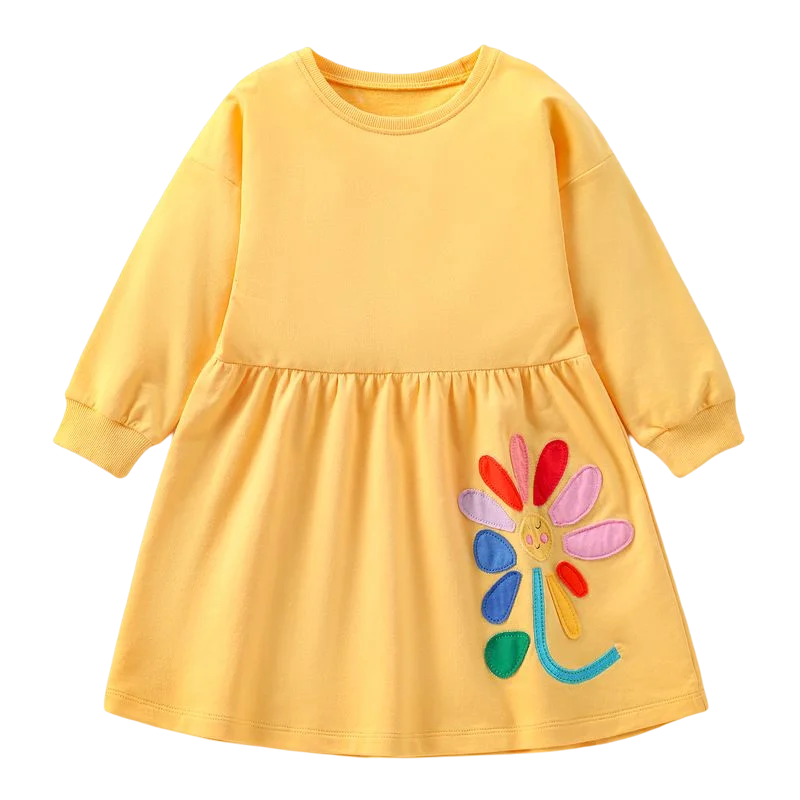 

Little Maven New Spring Autumn Kids Yellow Appliques Floral Smileface Girls 2-7yrs Full-sleeved Cotton Knitted Casual Dresses