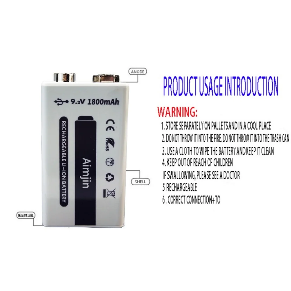 Aimjin Li-Ion аккумулятор 9В 1800 мАч Micro USB