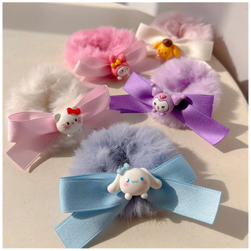 

Cute Sanrio Bowknot Big Eared Dog Cat Hair Ring Towel Ring Plush Cute Cream Color Hair Rope Sweet Girlfriends Hair Accessories