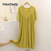loose women summer dress solid casual pleated o neck knee length short sleeve dress 6 colors yhh30