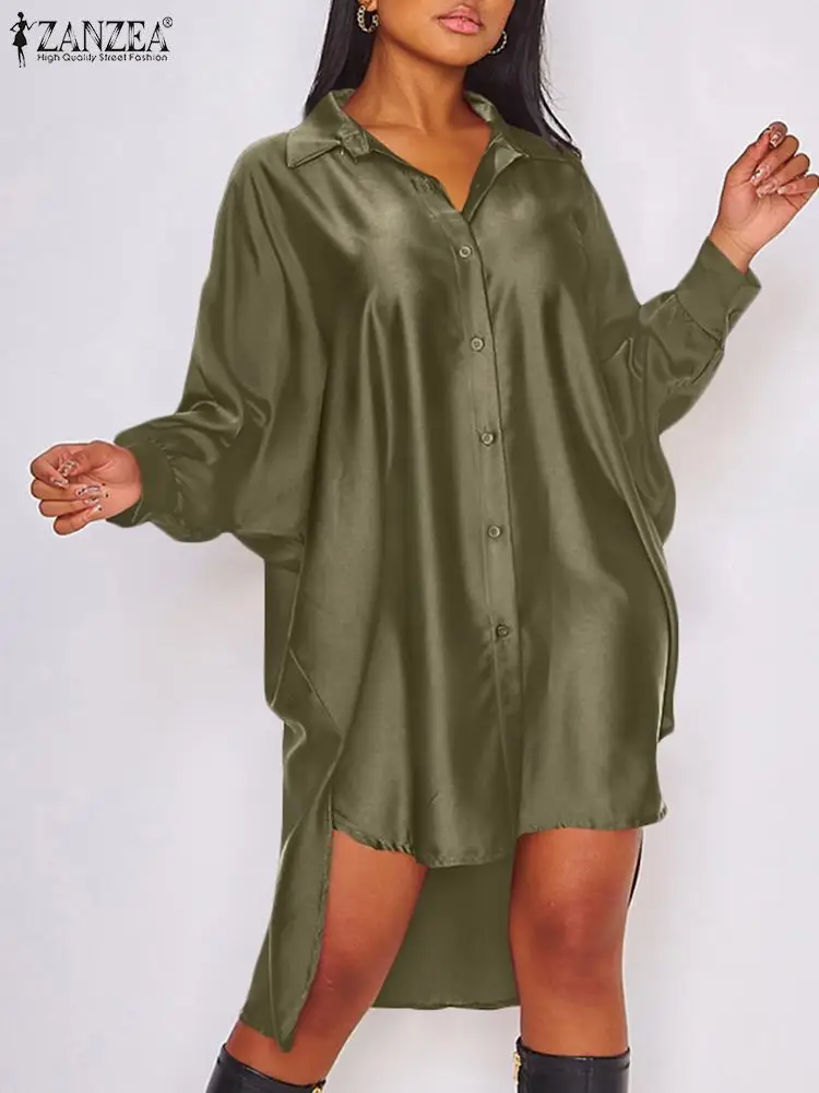 

ZANZEA Stylish Women Satin Shirt Dress Summer Lapel Neck Long Sleeve Mini Sundress Fashion Asymmetrical Hem Solid Club Vestidos