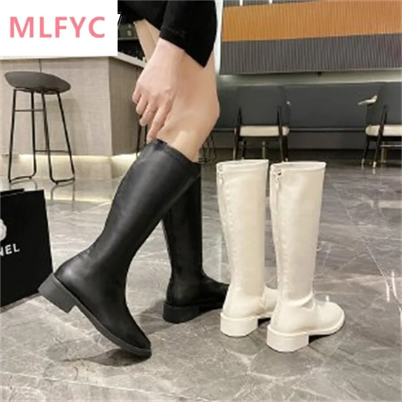 

Rider boots women's rear zipper but knee mid-boots 2022 new shave leather single boots thick heel rubber show thin and tall