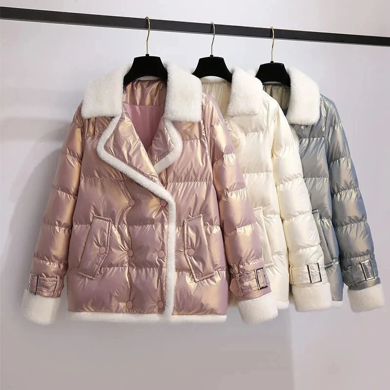 2023 Thick Warm Coat Women Winter Clothing Fur Collar Patchwork Down Jacket Cotton Padded Jackets Female Elegant Short Parkas