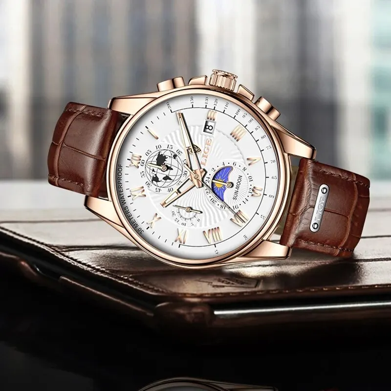 Casual Sport Watches for Men Luxury Military Leather Wrist Watch Man Clock Fashion Chronograph Wristwatch 2