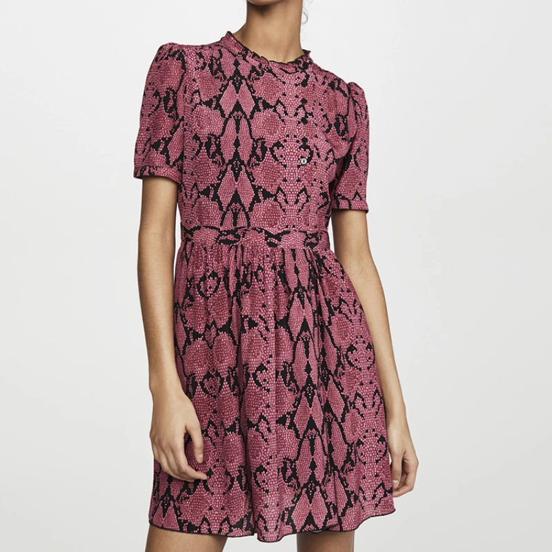 

100% Viscose Women's Vintage Snake Print Mini Dress Women 2022 New Style Round Neck Waist Slim Single Breasted Short Robe