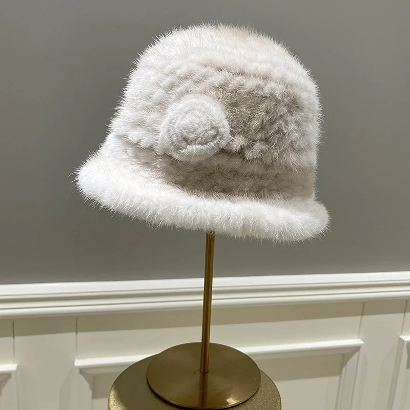 Woven Women's Fur Winter Hat Luxury Mink Fur Thickened Warm Fisherman Hat Floral Embellishment Sweet Fur Hat