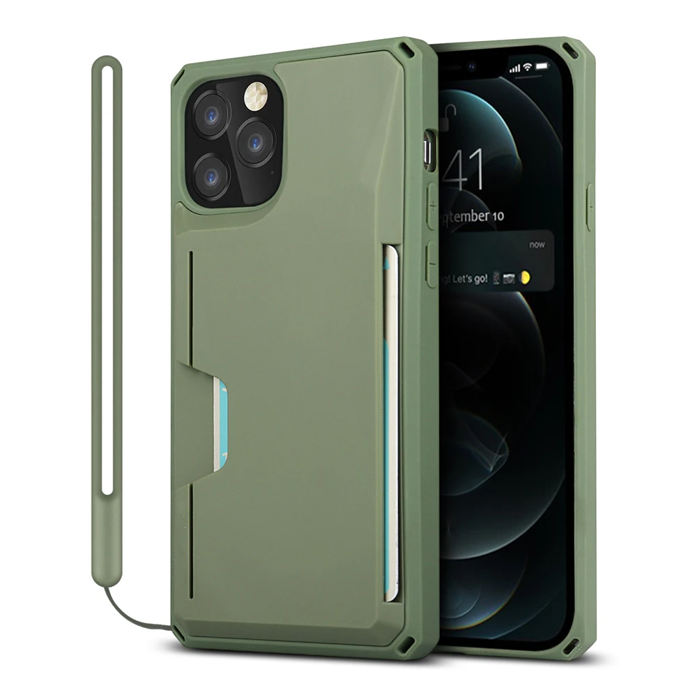 

Shockproof Wallet Armor Case For iPhone 12 11 Pro 7 8 Plus X Xr XS Max Cover Silicone Lanyard Strap