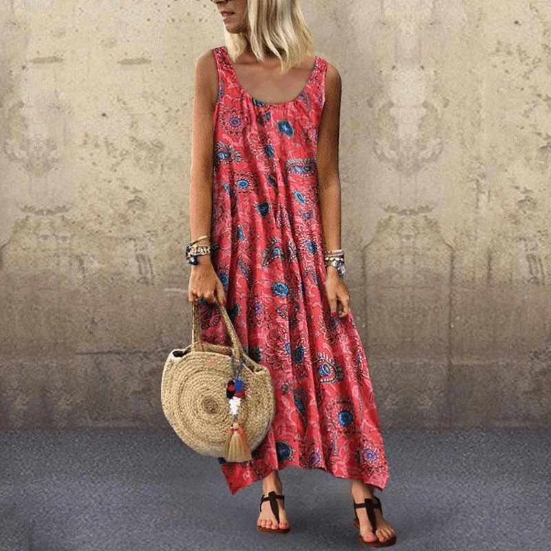 

Summer Women Vintage Sleeveless O-neck Dress Floral Printed Long Dress Cotton Linen Sundress Baggy Beach Vestido Sarafans