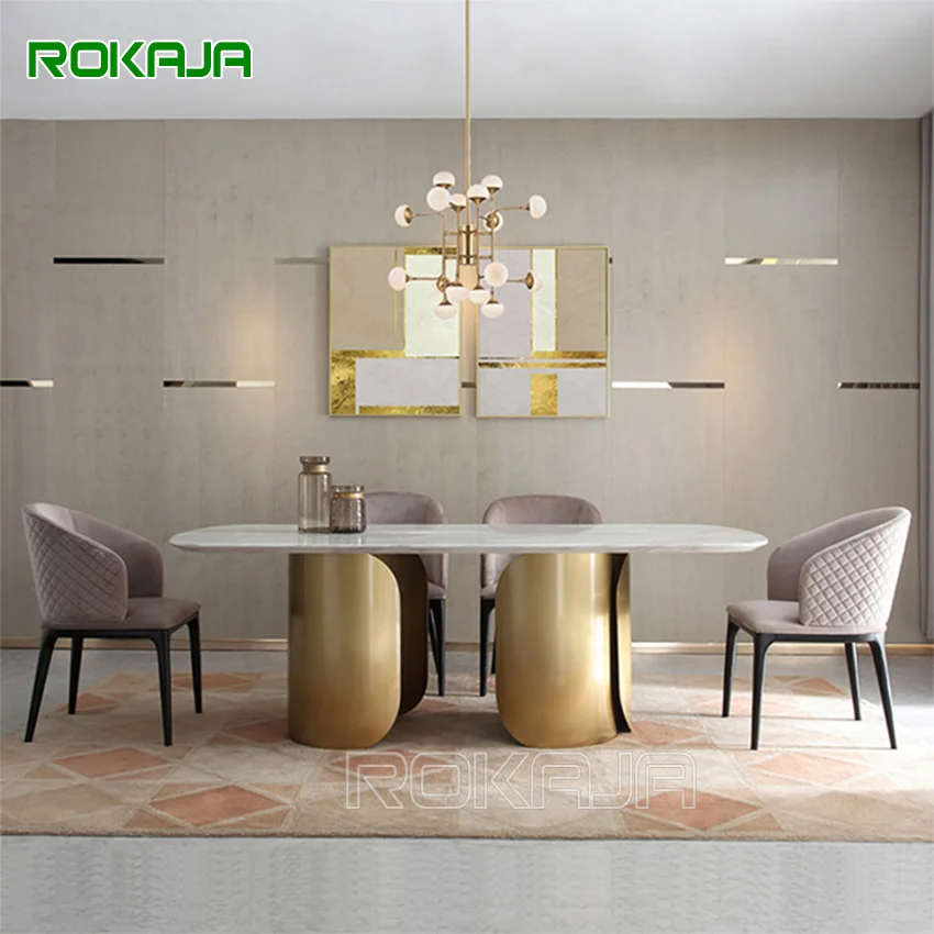 

Nordic Dining Table Set With 4 6 8 Chairs Seater Marble Top Stainless Steel Cylinder Foot Dining Tables Sets