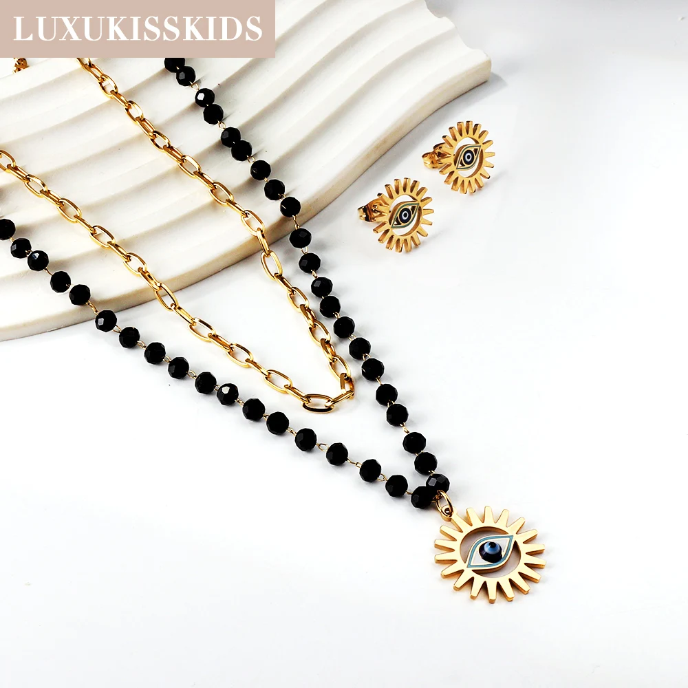 

LUXUKISSKIDS Hiphop Sun Shaped Eyes Jewelry Sets Double Chains Black Beaded Pendant Necklace Arab Luxury Stud Earring For Women