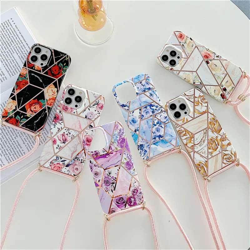 

Crossbody Lanyard Starp Necklace Cord Flower Plating Phone Case For iphone SE 3 2 2022 11 12 13 Pro Max X Xs XR 7 9 Plus Fundas