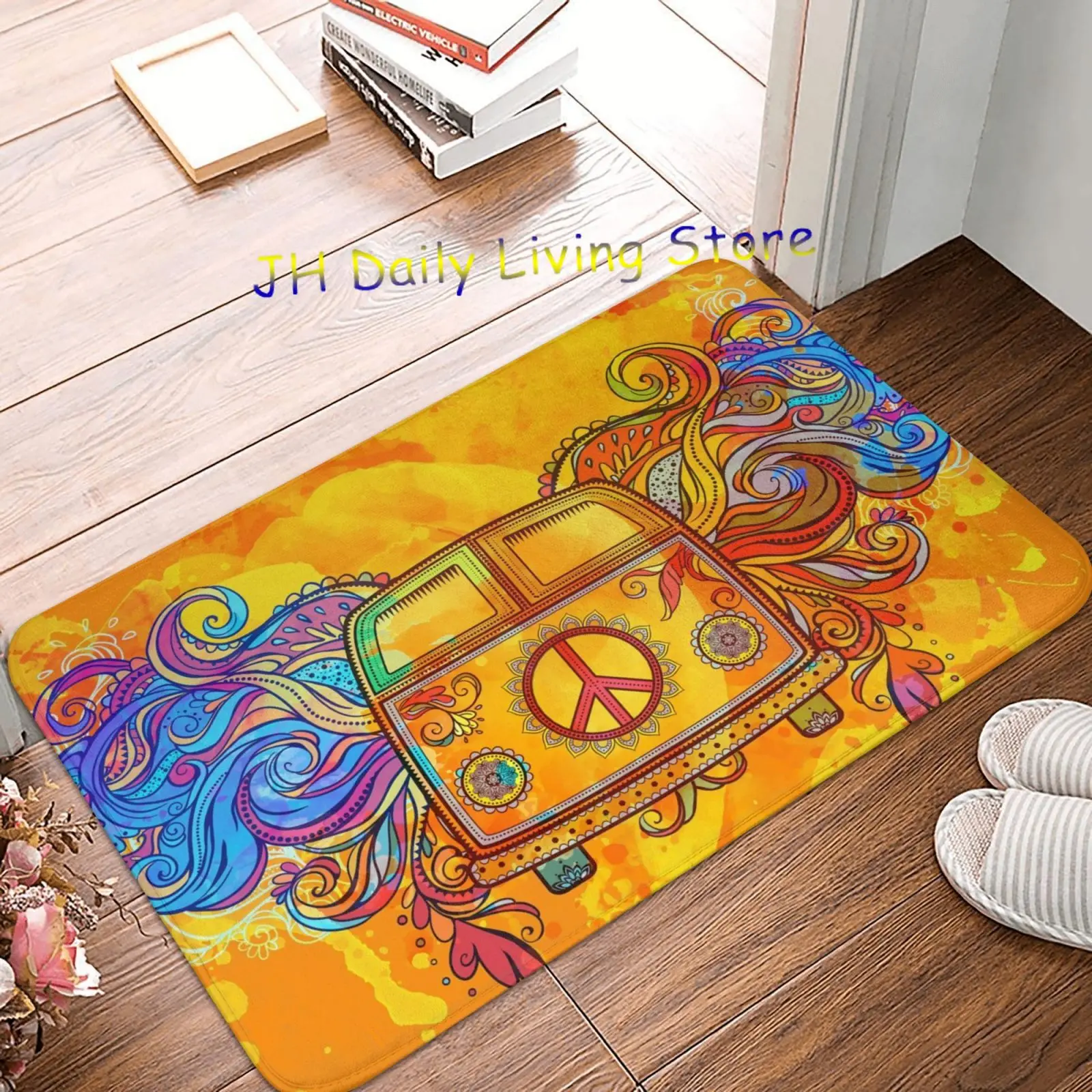 

Hippie Vintage Car A Mini Van with Peace Sign Bathroom Mat Entrance Floor Mats Anti-Slip Kitchen Entrance Rugs Home Decoration