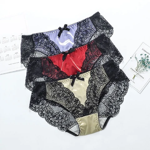 Sexy Satin Lace Panties Women's Underwear Transparent Sheer Lace Briefs Tangas Knickers Soft Shiny Satin Panty Wholesale