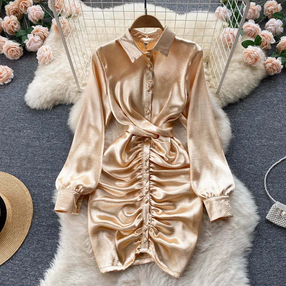 

Korean Chic Women Satin Dress 2022 Fashion Spring Autumn Turn-down Collar Long Sleeve Buttons Ruched Mini Bodycon Party Dresses