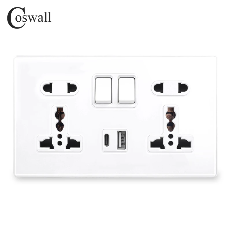 Фото Настенная розетка COSWALL PD 18 Вт Type-C, 3 А, USB-интерфейс для быстрой зарядки, стеклянная панель, двойная Универсальная Розетка с заземлением №2