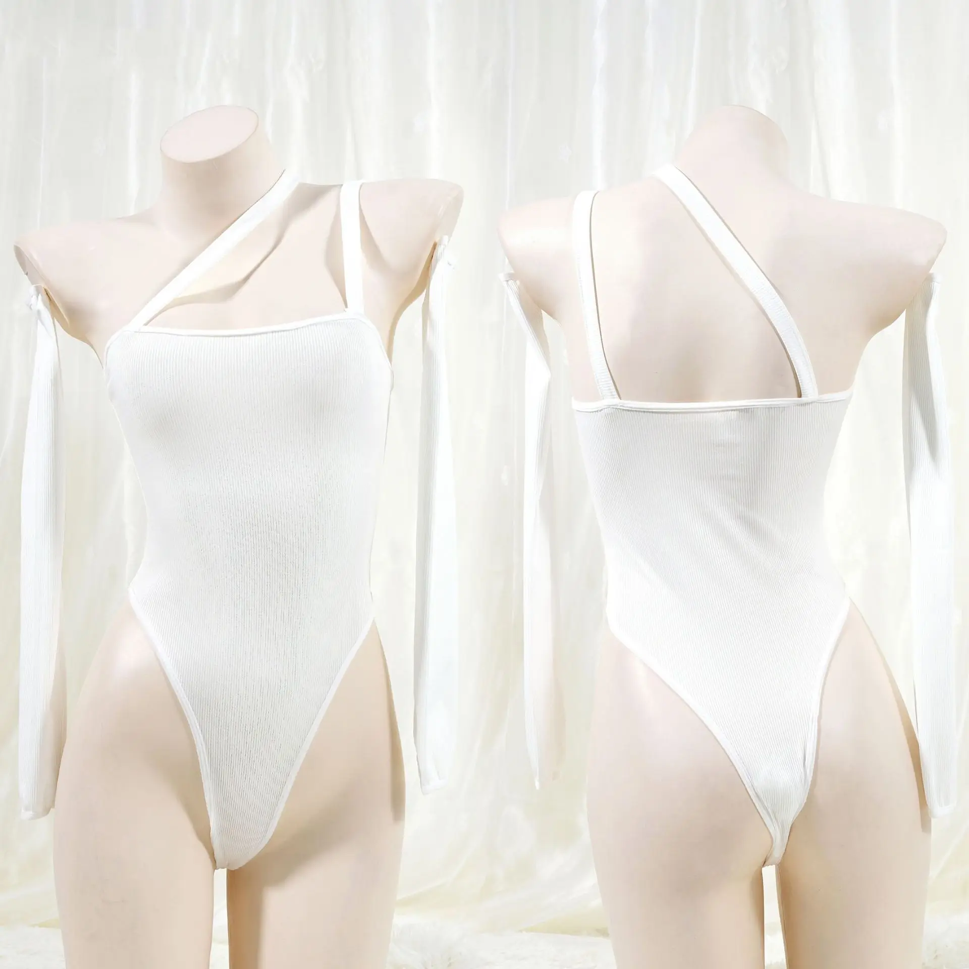 

Белый однотонный купальник, Женский трикотажный сексуальный купальник с открытой спиной и длинным рукавом, боди, нижнее белье, бикини в стиле аниме, купальный костюм