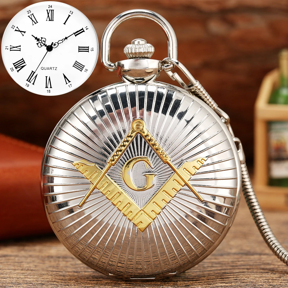 

Men Silver Luxury Masonic Freemasonry Theme Alloy Quartz Pocket Watch Freemason Pendant Clock Necklace Chain with G Accessory
