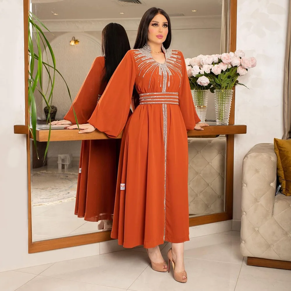 Women Spring Summer Muslim Fashion Middle East Turkey Seasonal Tempest Evening Dress Hot Diamond Belted Chiffon Dress Ramadan