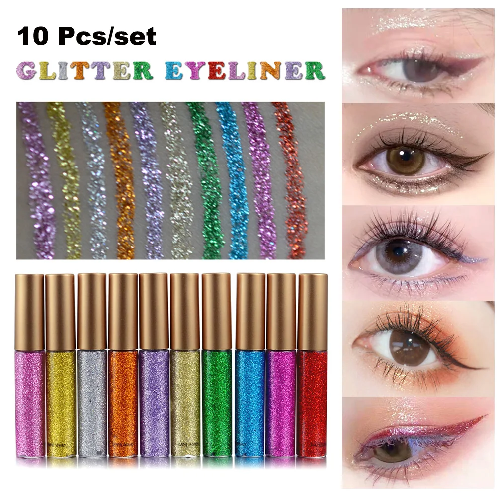 

10 Colors/Set Liquid Glitter Eyeliner New Shiny Eye Liner Cosmetics Eyeshadow Pigment Silver Rose Gold Color Cheap Makeup Shadow