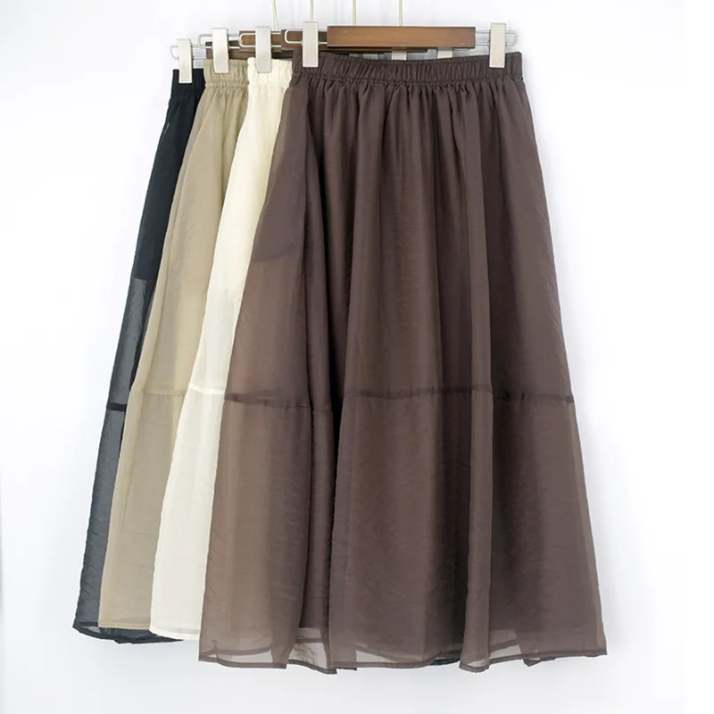 

Preppy Skirts Women Korean Schoolgirls Elastic Waist Solid A-line Fashion Summer Midi Green Casual Loose Daily Black Lady Skirt