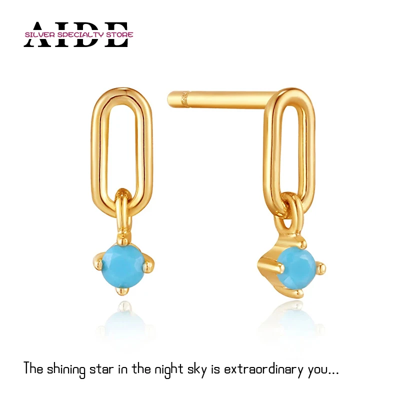 

AIDE S925 Sterling Silver Turquoise Stud Earrings For Women 18K Gold Chain Pierced Earring Pendientes Jewelry Brincos Aretes