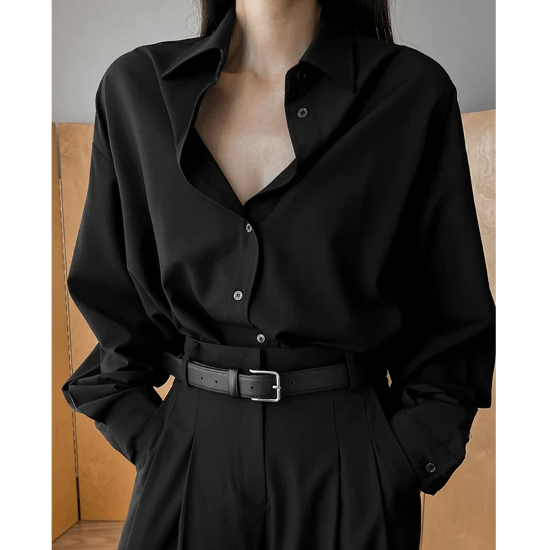 

Fr@nkieShop Wool Worsted Black Shirt Women's 2023 New Temperament Commuter Minimalist Style Long-sleeved Top