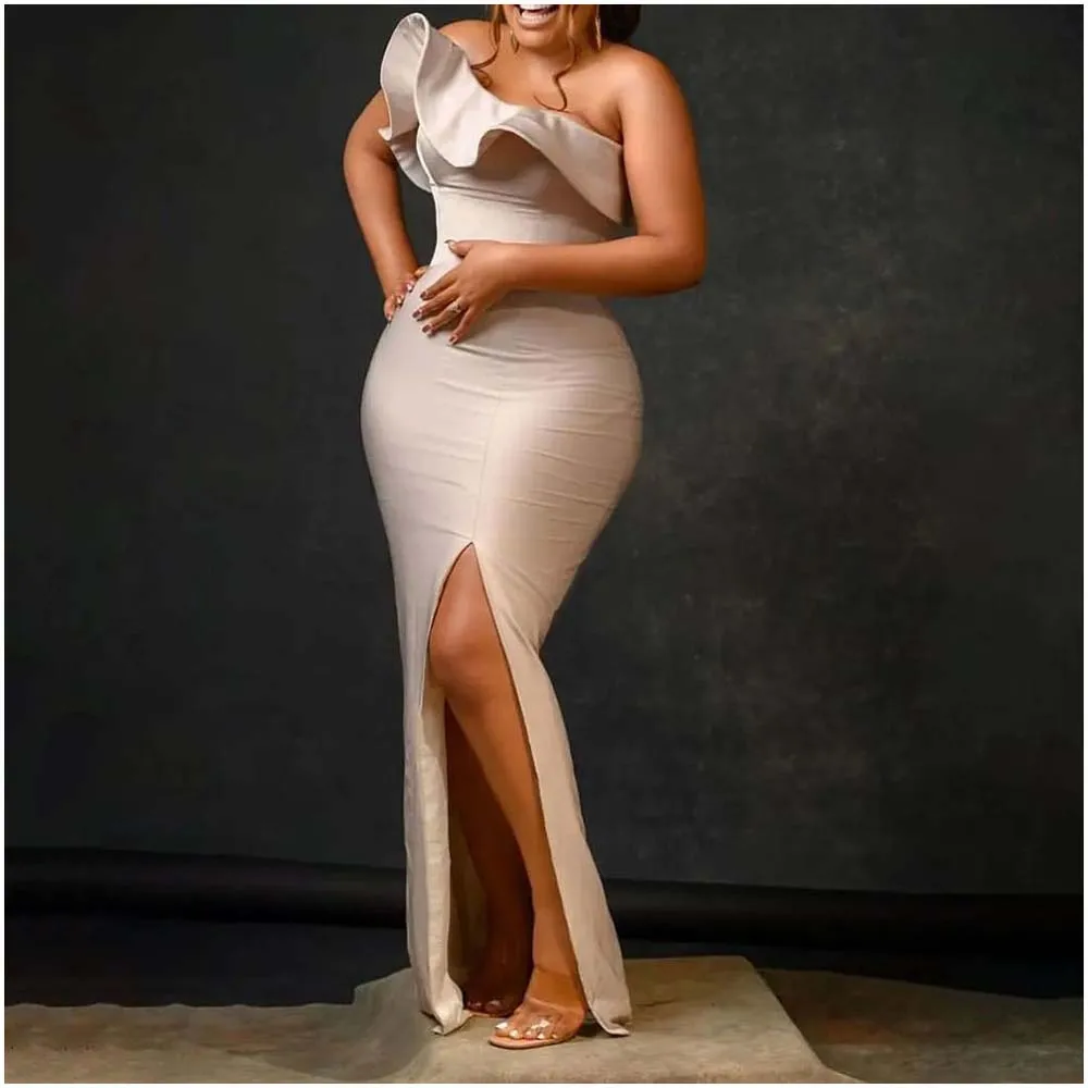 

Maxi Dress Women Champagne Ruffle Tube Top Mermaid Swing Slit Sexy Event Celebrity Dress Elegant Evening Dress Summer 2022