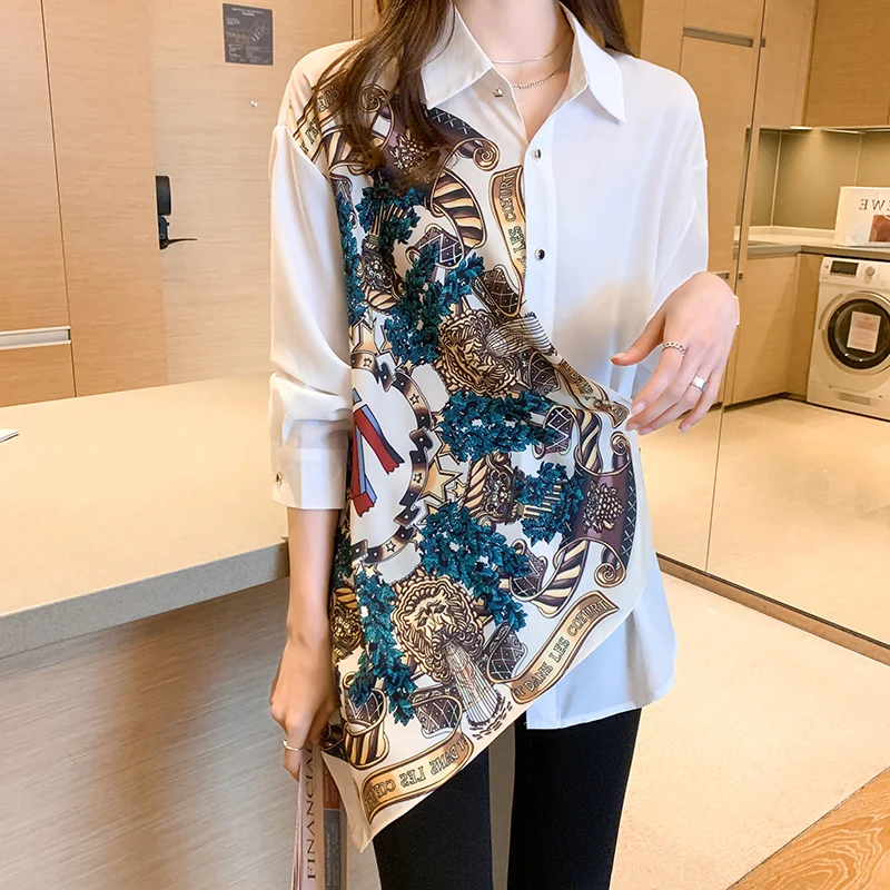 

2022 Spring Vintage Patchwork Irregular Cut Out Print Shirts Women Long Sleeve Blouse New Fashion Ladies Chic Streetwear Top
