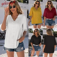 female summer casual simplicity temperament lace v neck a short sleeved shirt women solid color all match hollowed out t shirt