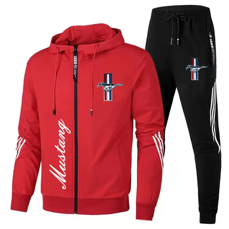 New Men's Sportswear Ford Mustang Car Logo Printed Hooded Sweatshirt+Trousers Casual Fit Running Fitness Men's Sportswear 2PK