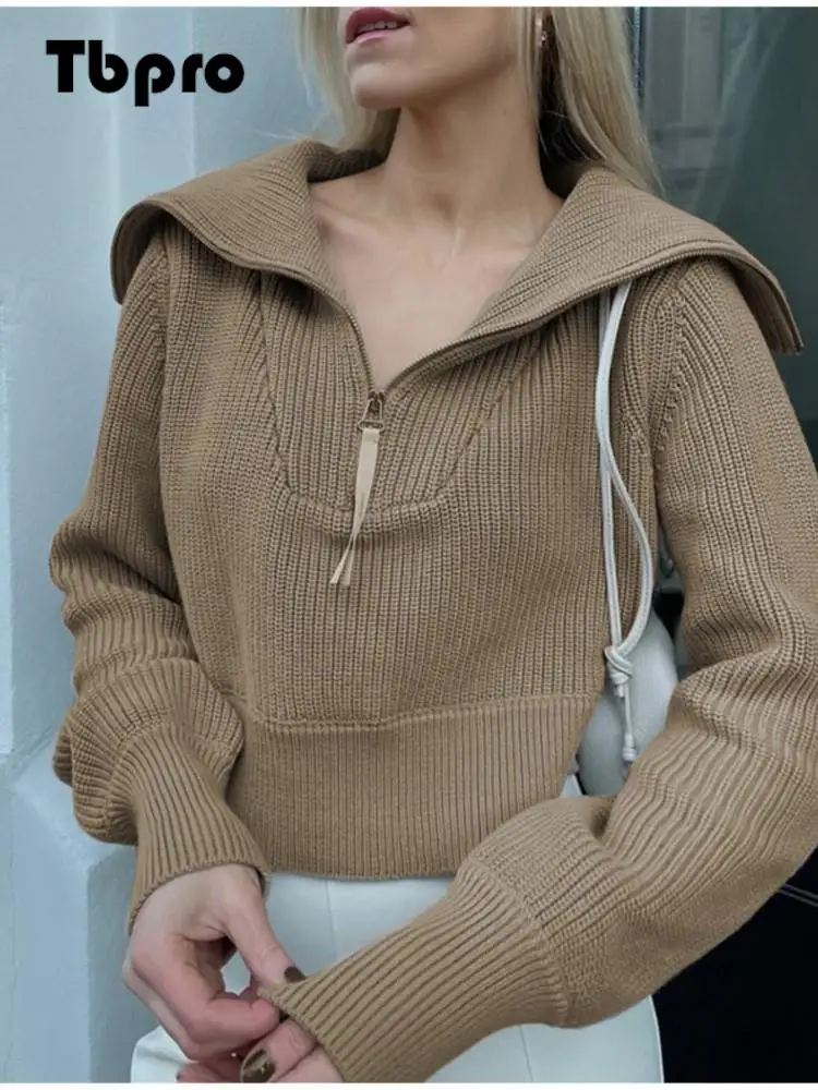 

Women Half Zipper Turn-down Collar Knitted Sweater Solid Thicken Sweaters Pullover 2022 Autumn Winter Warm Office Ladies Sweater
