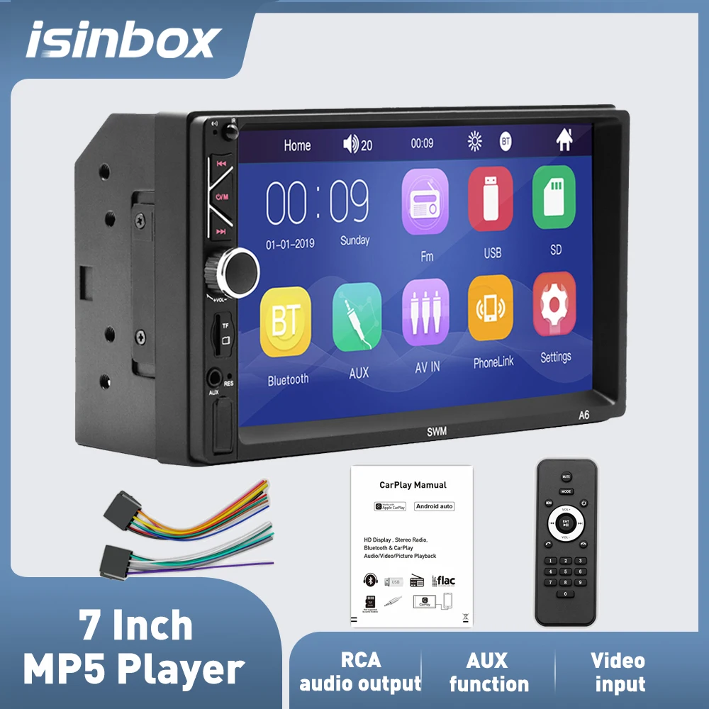 

Автомагнитола ISINBOX A6, мультимедийный видеоплеер с 7-дюймовым HD экраном, Bluetooth, Aux-in, USB, TF, типоразмер 2 DIN
