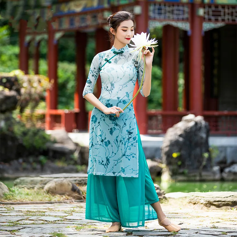 

Blue Floral Print Gauze Cheongsam Women Classical Dance Long Dress Flowy Light Weight Chinese Folk Dance Clothes Body Rhyme XL