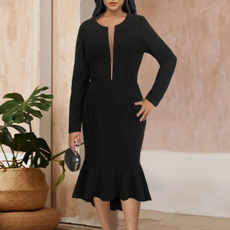 

Trumpet Dress for Women Sexy Cut Out Long Sleeve High Low Tulle Stitching Dresses Elegant Evening Birthday Party Gowns 2022 New