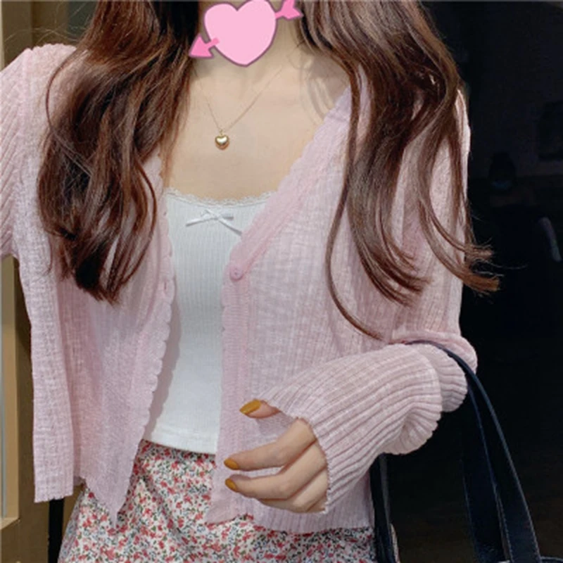 

Cardigan Women Summer Sweet Sunscreen New Korean Fashion Chic Harajuku Cute Tops All-match Streetwear Mujer Vintage Cropped Pink
