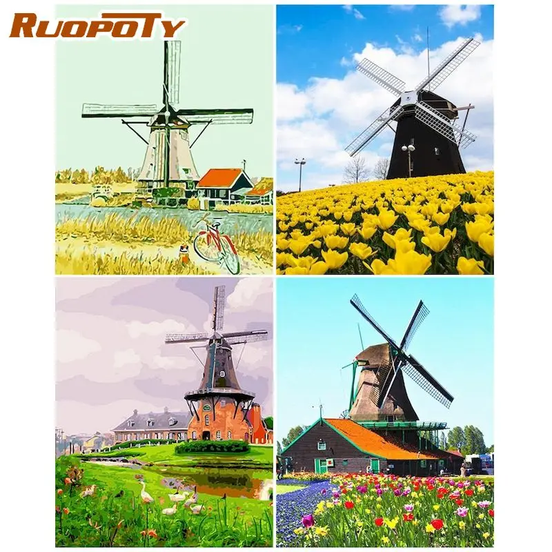 

RUOPOTY Framed Diy Painting By Numbers Still Life Paintings By Numbers for Home Decor 40*50cm Windmill For Special Wall Decor