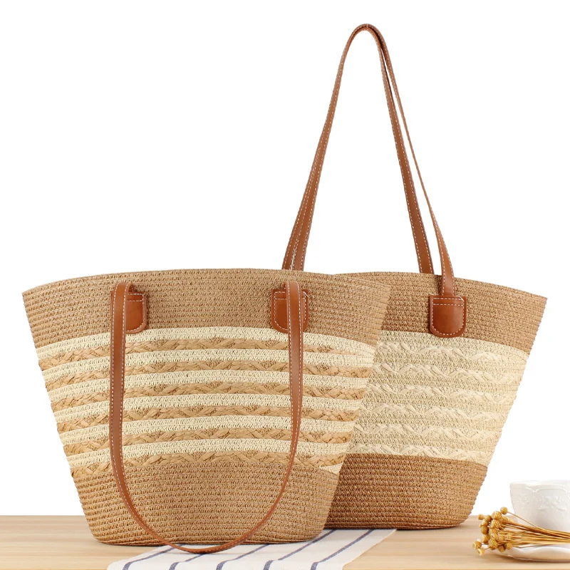 

Striped Tote Bag with Large Capacity and High-end Texture, Hand-Woven for Vacation or Daily Use