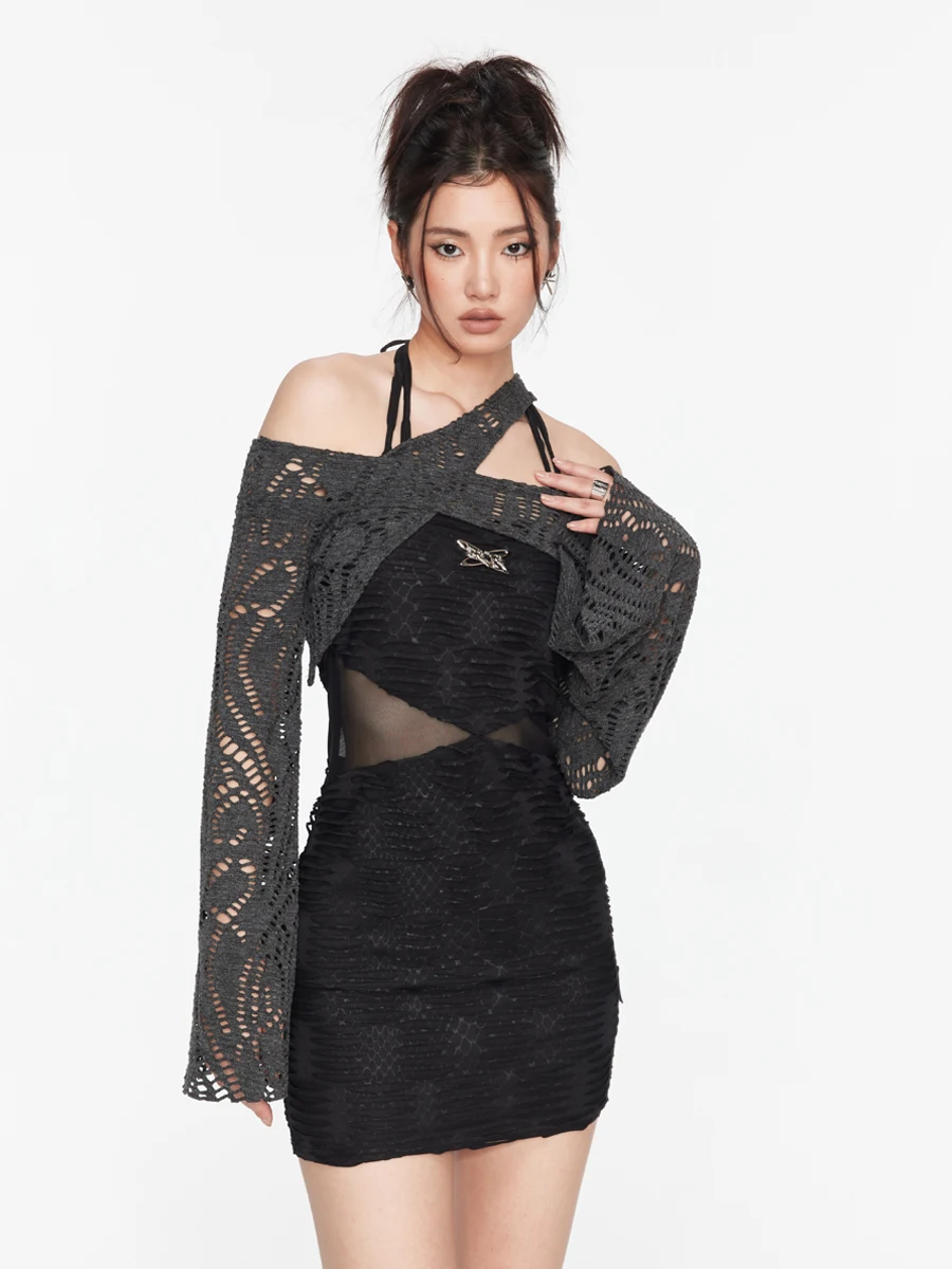 Sexy Girl Halter Two-piece Black Wrap Hip Skirt Women Spring/Summer Personality Style Lace-up Skirt Thin Looking Cool Skirt
