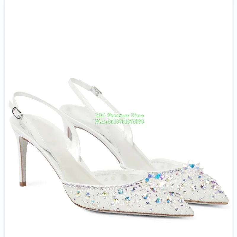 

Women Shoes White Irisdescent Crystals Embellished Slingback Pumps Buckle Fastening Ankle Strap Pointed Toe Stiletto Mules 34-41