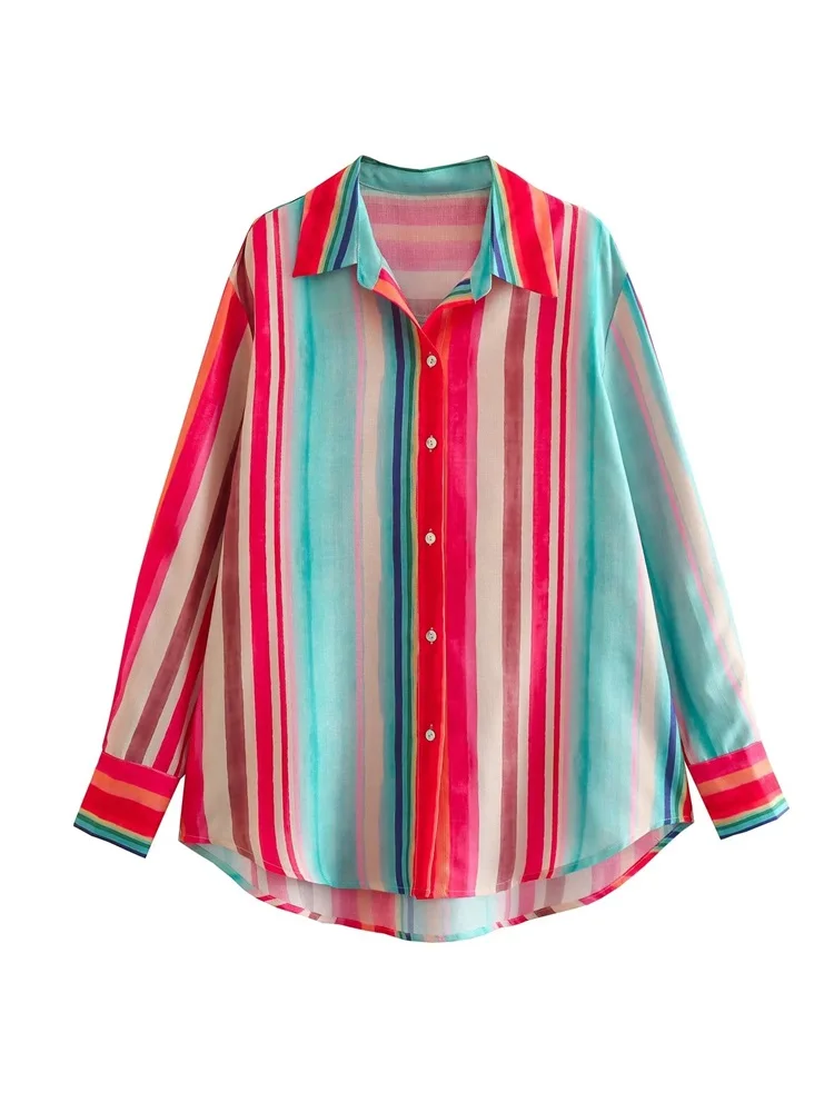 

MESTTRAF Design Sexy Y2K Color Striped Loose Lapel Shirts Vintage Long Sleeve Front Button-up Female Blouses Blusas Chic Tops