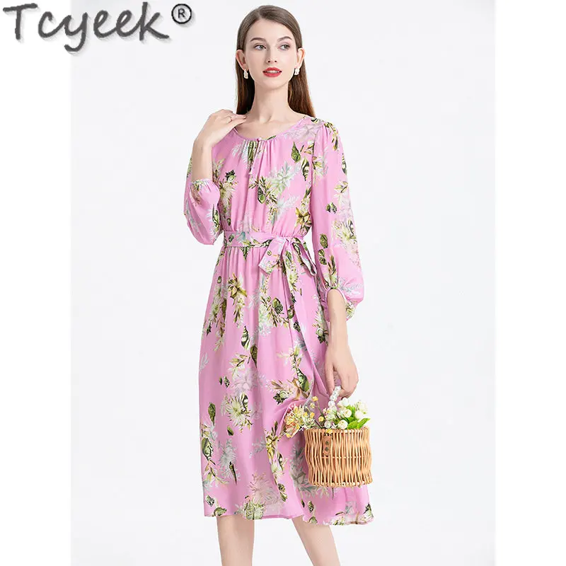 Tcyeek Summer Womens Dresses Elegant Midi Dresses High-end 100% Mulberry Real Silk Clothing Famale 23 French Print Dress Femme