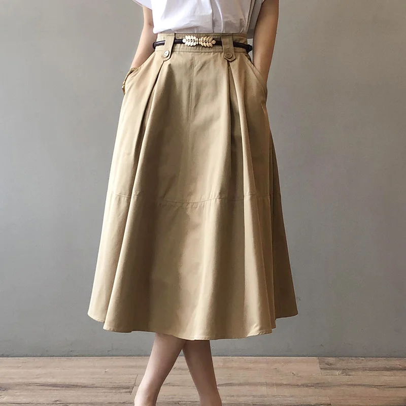 

2022 New Women Autumn Khaki Skirt Solid Color High Waist Women Cotton A-Line Skirt Femme Faldas Jupe Saia