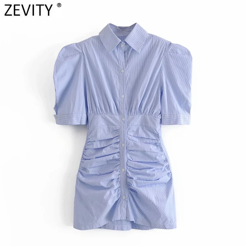 

Zevity Women Vintage Puff Sleeve Hip Package Pleated Slim Shirt Dress Female Chic Summer Breasted Casual Ruffles Vestido DS8163