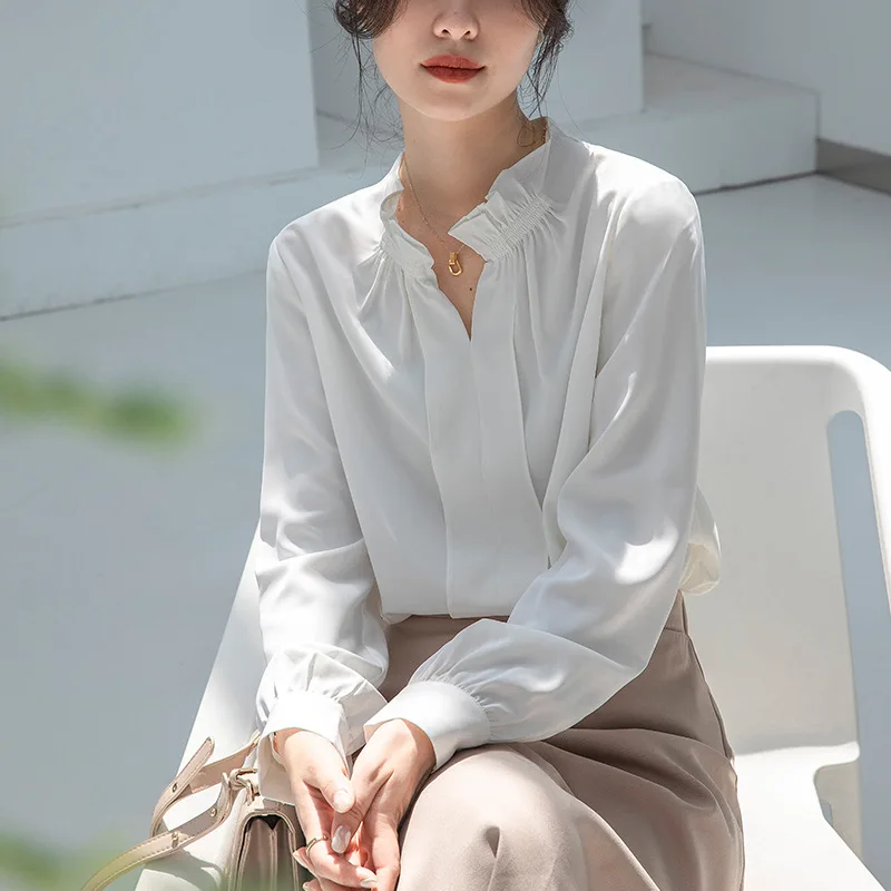 

V-Neck White Color Women Blouse Spring Summer Full Sleeves Loose Casual Lady Tops Clothes Size xxl xxxxl