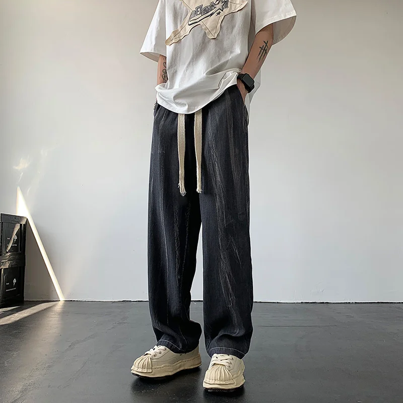 

Summer Thin Denim Jeans Men Fashion Retro Tie Dyed Jeans Men Streetwear Hip-hop Loose Straight Denim Trousers Mens Plus Size