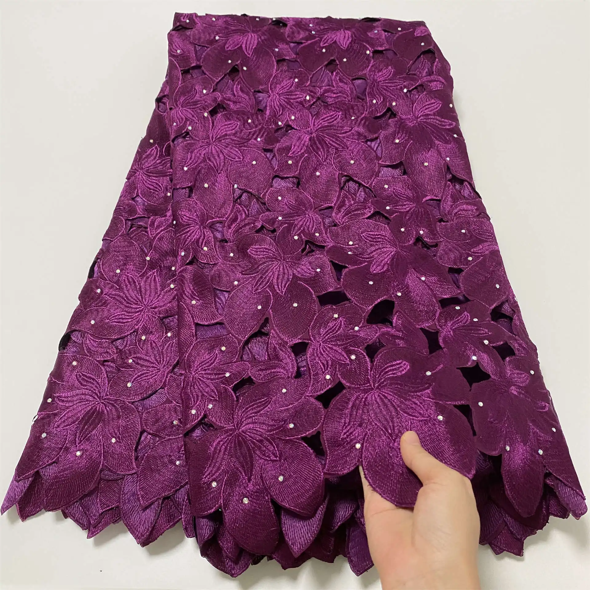 

Purple Embroidery Flowers Voile Lace Fabric Cotton Swiss In Switzerland for Party Dress Stone Mesh Top Quality Fabrics SSSC75