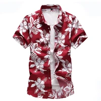 2022 summer new floral print short sleeve shirts mens slim fit hawaiian holiday party casual red blue black shirts