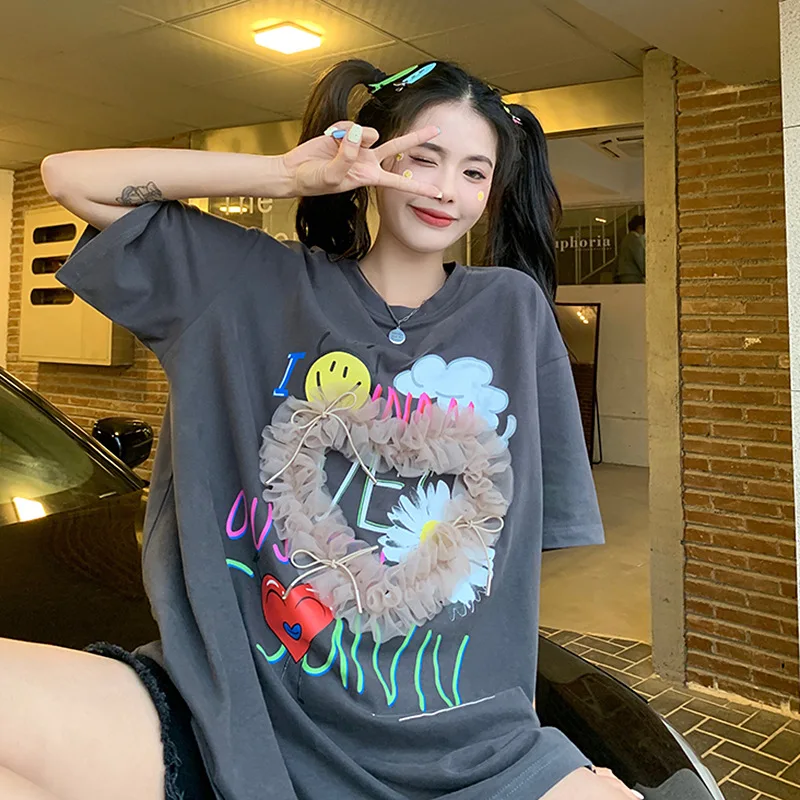 

Summer New Loose Korean Version Large Version of Pure Cotton Love Mesh Design Short-sleeved T-shirt Women