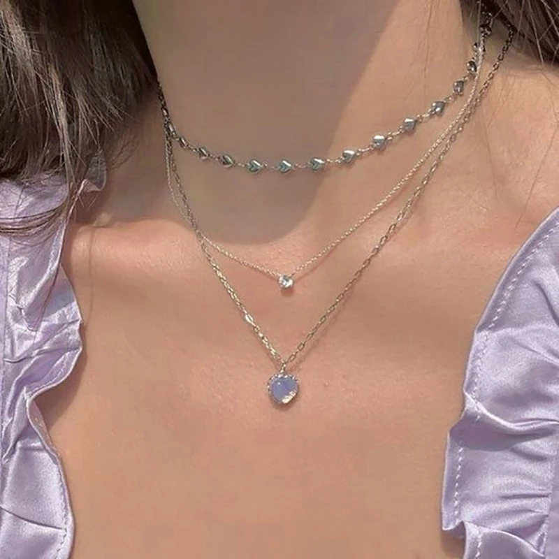 

Split Heart Pendant Necklace Opal Metal Silver Color Pearl Multi-layered for Women Trendy Elegant Y2K Jewelry Gift