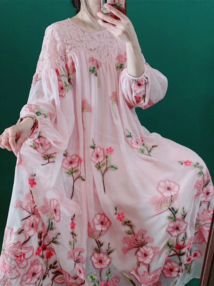 Women's Dress Spring 2022 Elegant Lace Luxury Floral Embroidery Pink Dress Lantern Sleeve Long Dress robe femme été vestidos